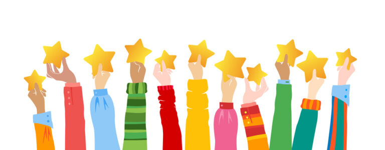 Hands up and holding golden stars. Vector horizontal border with colorful decoration elements.