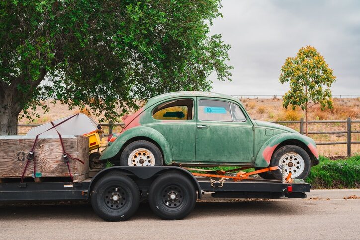 Car donation, VV Bug loaded on a Trailer