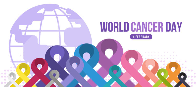 Multiple colored cancer awareness ribbons with the words “World Cancer Day” in the center.