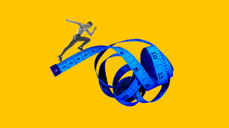 A muscular athlete running beside a measuring tape on a bright yellow background, symbolizing performance measurement and accountability.