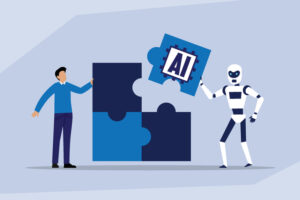 Person and robot completing a puzzle together with an AI puzzle piece, representing responsible AI collaboration.