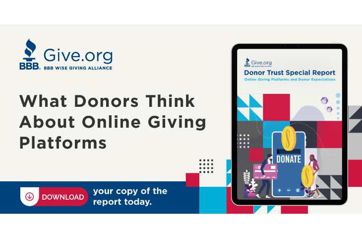Report cover graphic with the text “What Donors Think About Online Giving Platforms” and a button reading “Download your copy of the report today.”