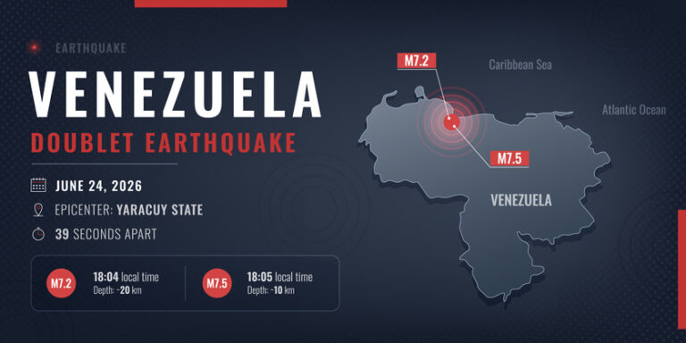 Infographic showing earthquake locations and affected areas in Venezuela following the 2026 earthquakes.