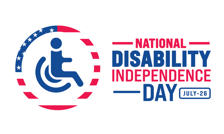National Disability Independence Day graphic with red, white, and blue flag elements.