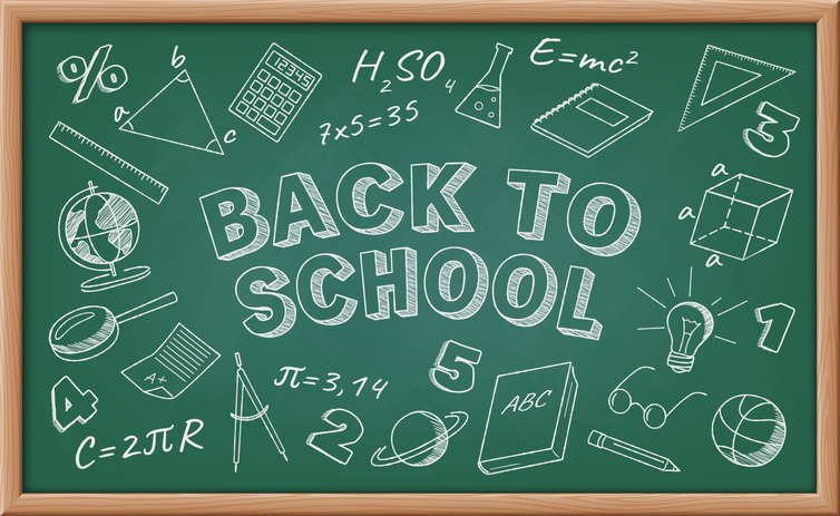 Illustration of a back-to-school chalkboard with school supplies, representing charitable support for students, teachers, and classrooms during back-to-school season.