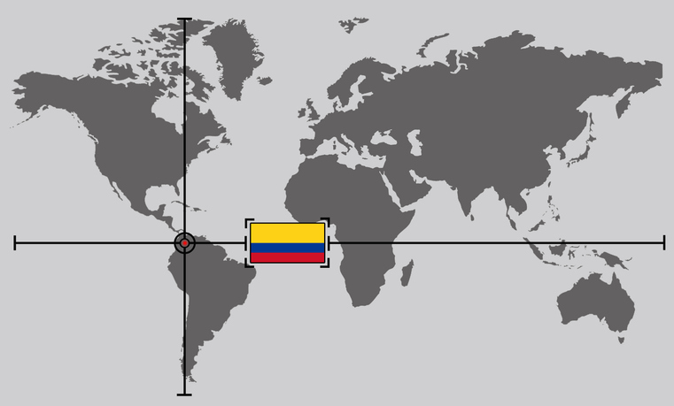 World map with Colombia marked by crossed coordinate lines.