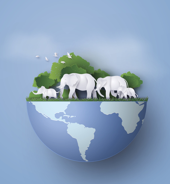 Family of elephants walking across a grassy globe with trees and birds, representing wildlife conservation and habitat protection.