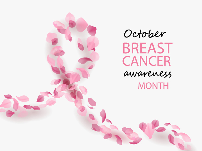 Pink leaves form a breast cancer awareness ribbon with the words “October Breast Cancer Awareness Month.”