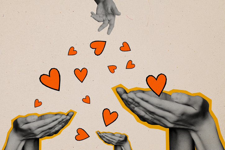 Collage-style illustration of three silhouetted hands reaching toward a heart, representing generosity and trust in charitable giving.